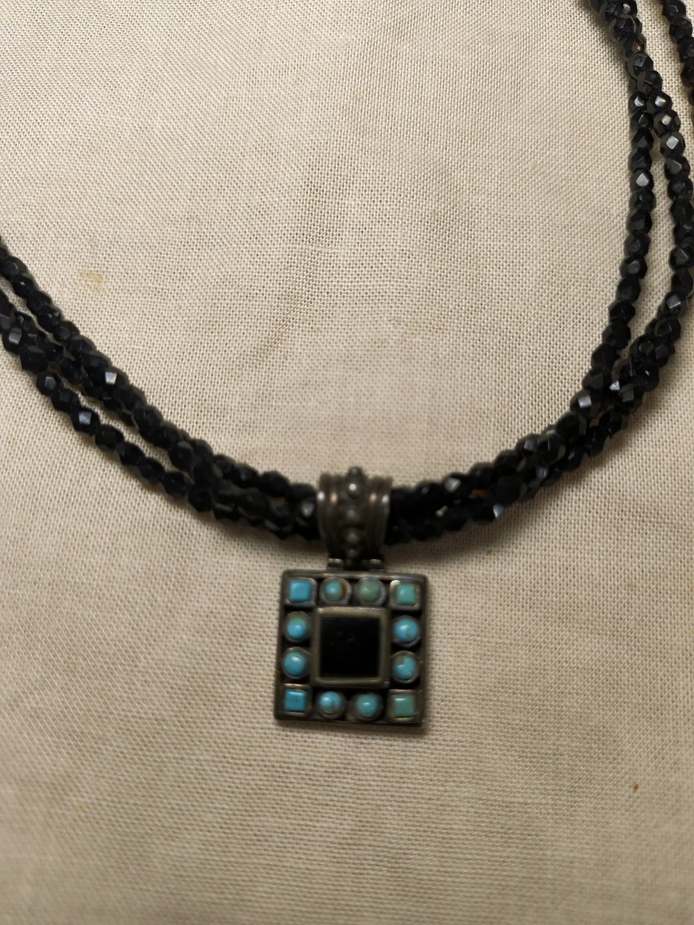 Vintage Black Onyx & Turquoise Sterling Silver Pendant Necklace